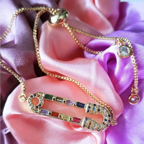 Gold CZ Safety Pin Adjustable Slider Bracelet - Picture 1 of 3